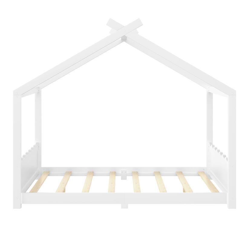 Queen House Floor Bed with Support Slats, Solid Wood House Bed Frame for Kids, No Box Spring Needed