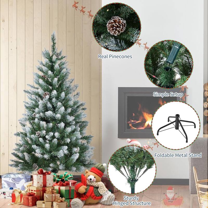 Christmas Tree, Pre-Lit 4.5 Ft Artificial Pine with LED Lights, Hinged Holiday Tree with Foldable Metal Base for Home