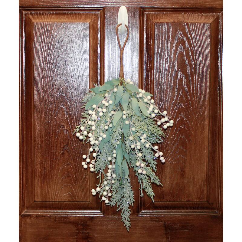 24" Artificial Christmas White Berry and Leaf Teardrop Swag - 24