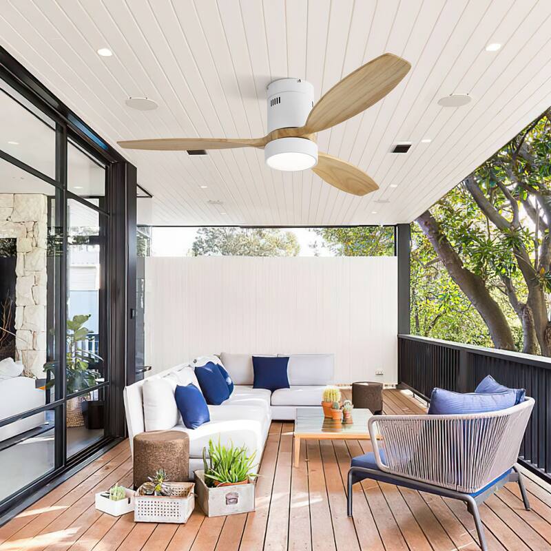 52 Inch Flush Mount Ceiling Fan with Light and Remote, 3 Solid Wood Fan Blades, Noiseless Reversible Motor Ceiling Fan, White