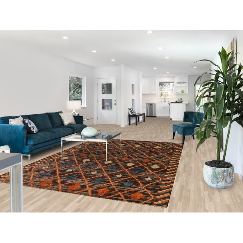 Hand Knotted Oriental 100% Wool Carpet Modern Tribal Brown Moroccan Area Rug - 9' 9'' X 6' 9''