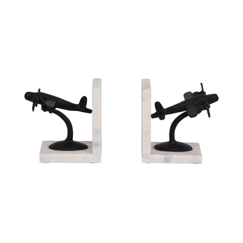 Sagebrook Home Art Deco-Inspired Biplane Bookends in Classic Black and White Marble, Jetsetter Chic decor, Set of 2