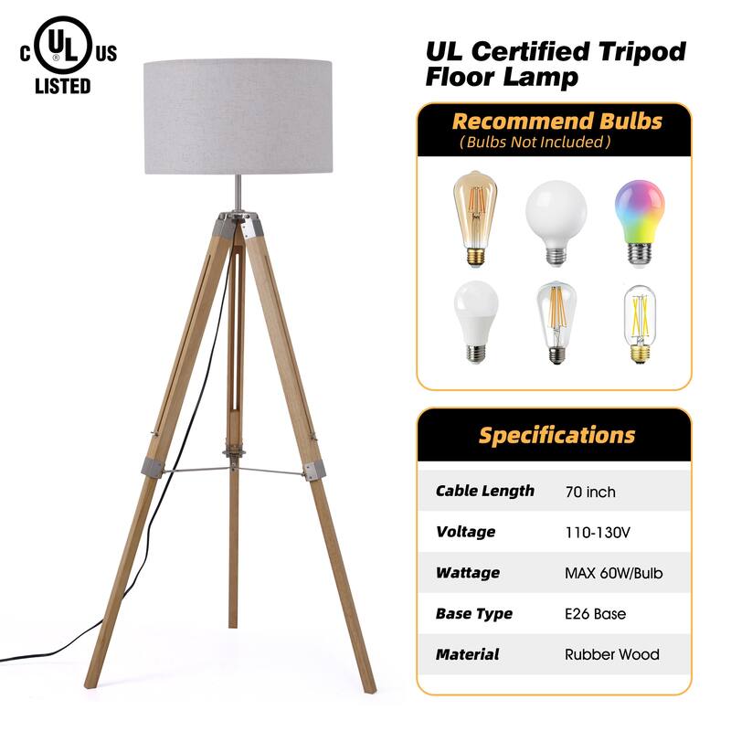 58 in. Modern Tripod Floor Lamp with Rubberwood Base and Linen KD Lampshade, Adjustable Height for Bedroom, Living Room