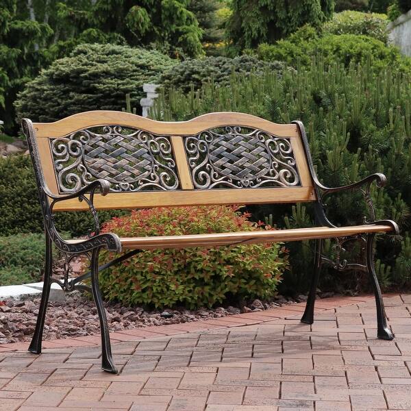 slide 2 of 7, Sunnydaze 2-Person Ivy Crossweave Outdoor Cast Iron Wood Garden Patio Bench -49"