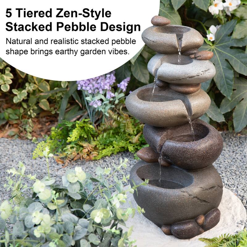 Glitzhome 24.5"H 5-Tiered Zen Style Stacked Pebbles Polyresin Outdoor Fountain with Pump and LED Light