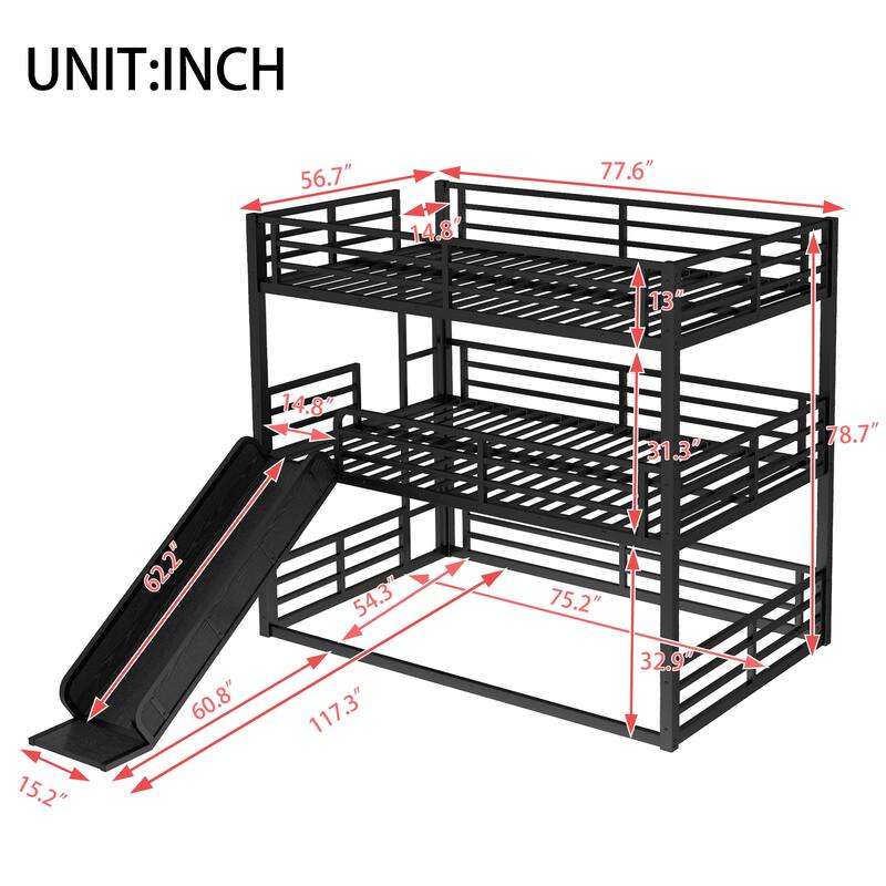 Twin/Twin/Full Triple Bunk Bed with Slide - Metal Frame, Safety Guardrails, Noise-Reduced (Black)