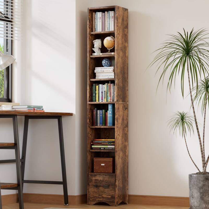 Javlergo Tall 7-Tier Adjustable Corner Bookcase with Drawer MDF Storage Shelf for Living Room Bedroom Kitchen and Entryway