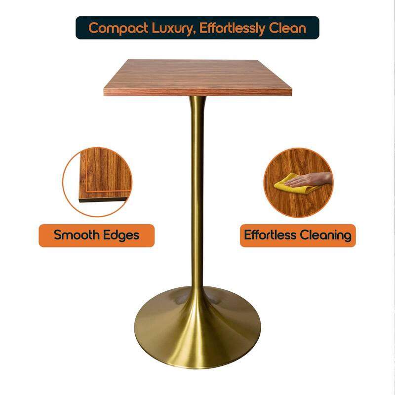 Verve 43 in. Tall Bar Height Dining Table Square MDF Wood Tabletop in Gold Stainless Steel Pedestal Base Accent Bar Table