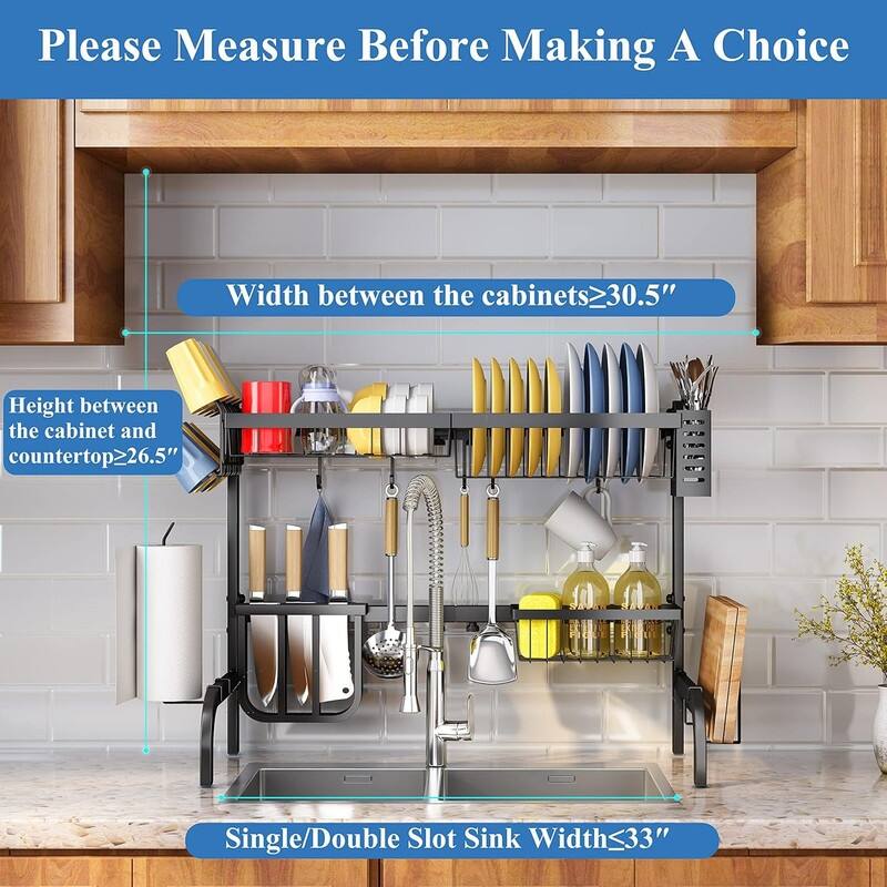 Adjustable double-layer metal steel dish drying rack above the sink, with hooks, paper towel holder, and dish cup holder.