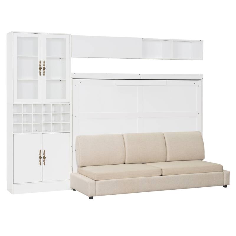 Space-Saving Full Size Murphy Bed with Sofa, Shelves, USB & Light in White