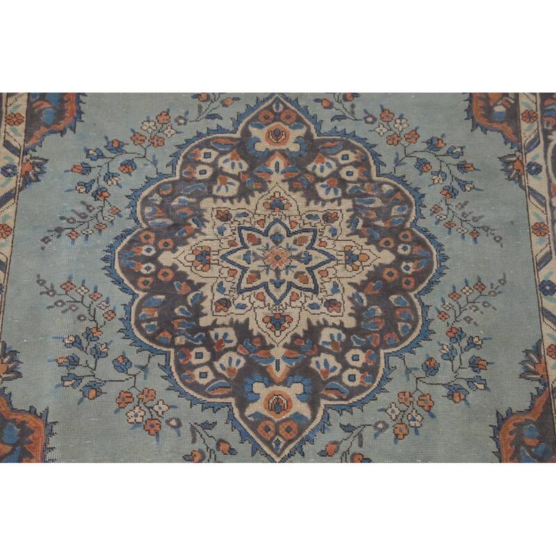 Over-Dyed Blue Tabriz Persian Vintage Rug Hand-Knotted Wool Carpet - 6'2"x 9'5"