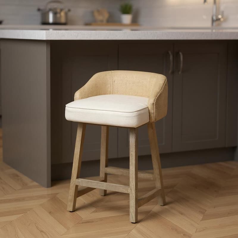 HomeRoots 24" Beige and Natural Solid Wood Fabric And Jute Low Back Counter Height Bar Chair - Counter Height - Beige - Single
