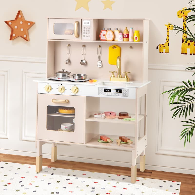 Gymax Height Adjustable Play Kitchen Wooden Kitchen Playset w/ Real