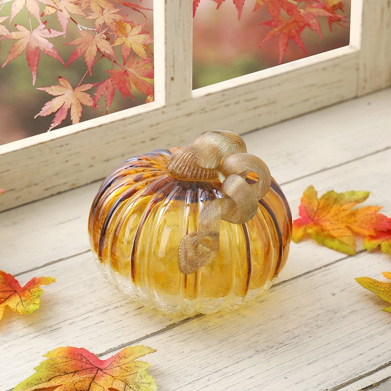 Glitzhome 6"D Green Amber Crackle Hand Blown Glass Pumpkins for Fall Harvest Halloween