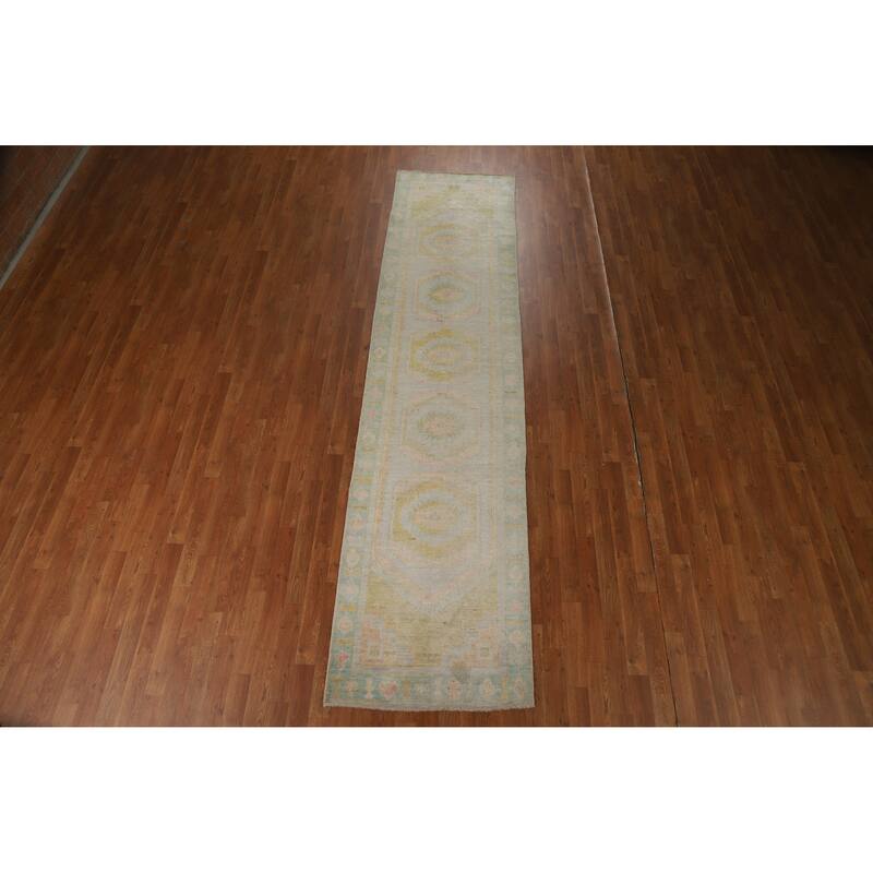 Hand Knotted Oriental 100% Wool Carpet Transitional Geometric Navy Blue & Blues Oushak Runner Rug - 11' 6'' X 2' 9''