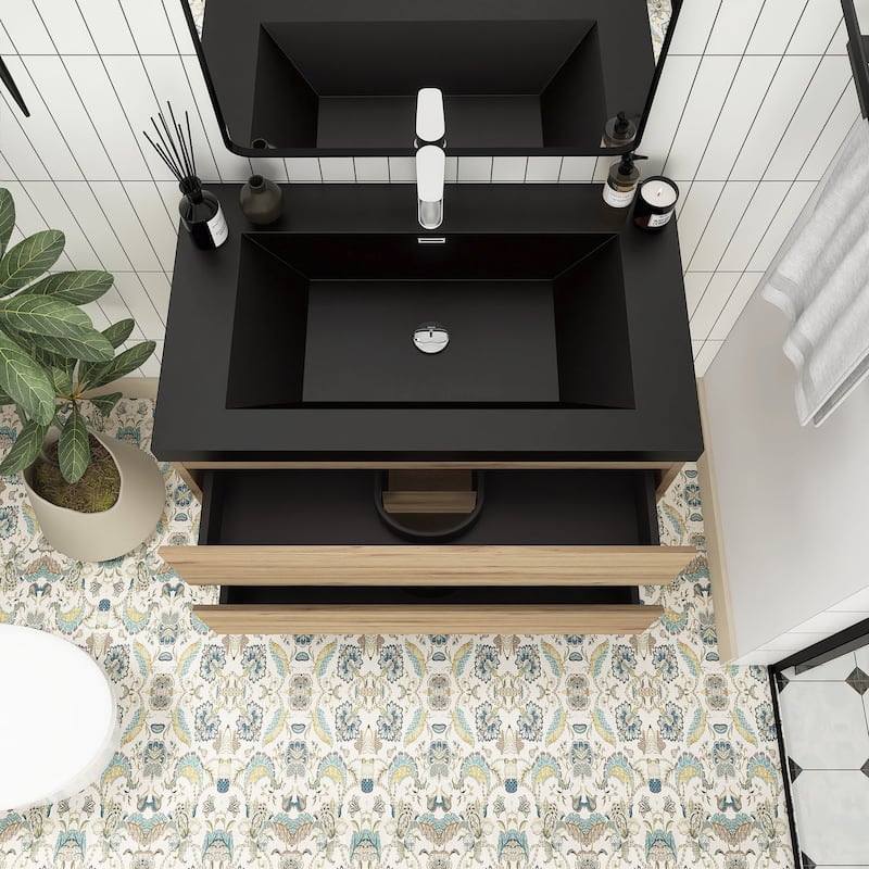 MDF Wall-Mounted Bathroom Vanity Set in Oak with Integrated Culture Marble Sink