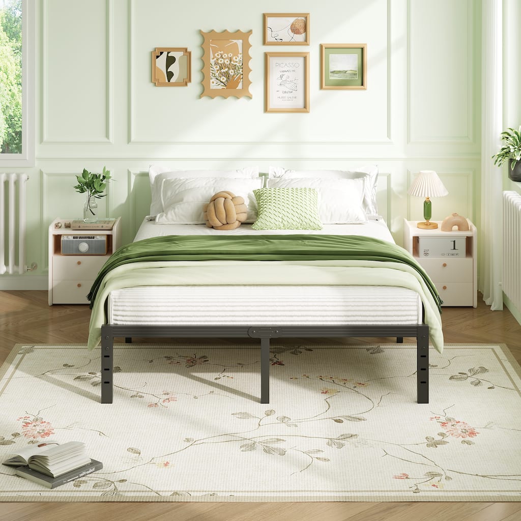 Heavy-Duty 14-Inch Metal Platform Bed Frame with Steel Slats, No Box Spring Required