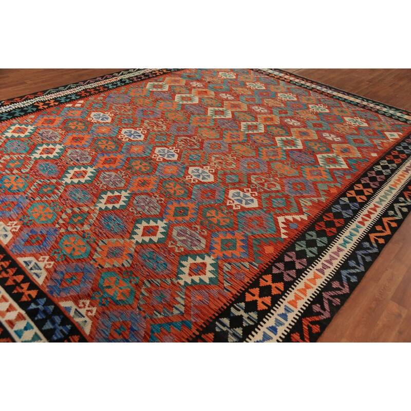 Reversible Orange Kilim Oriental Area Rug Flatweave Wool Carpet - 10'1" x 12'9"