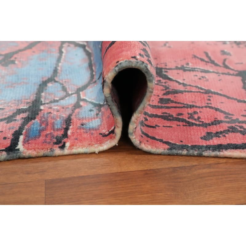 Hand Knotted Oriental Viscose Silk Carpet Modern Pictorial Pink Abstract Area Rug - 7' 8'' X 5' 7''