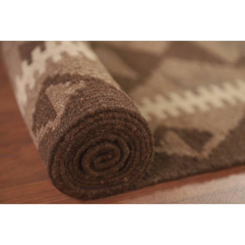 Hand Woven Oriental 100% Wool Carpet Southwestern Geometric Brown Kilim Area Rug - 9' 10'' X 6' 7''
