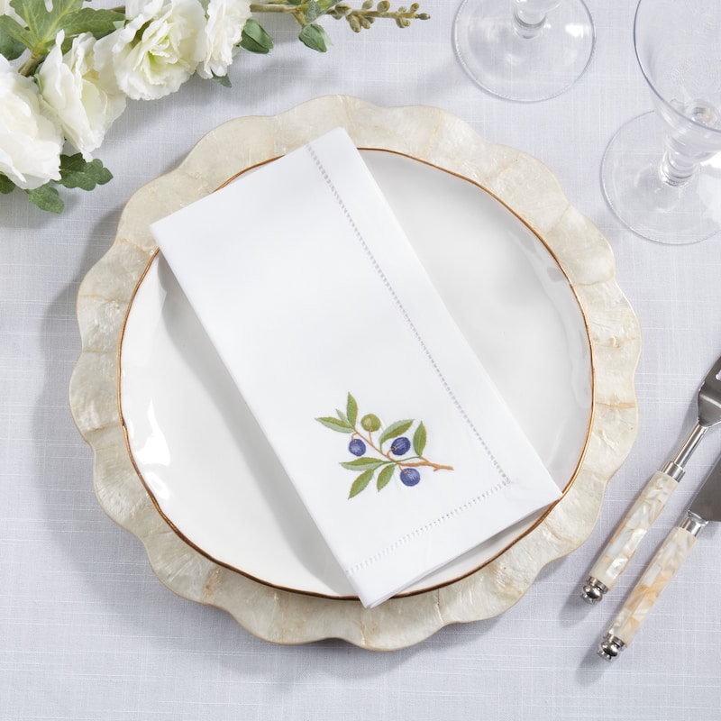 Embroidered Olive Cotton Decorative Napkins (Set of 6) - Hemstitch Border with Botanical Olive Branch Motif, 20"x20"