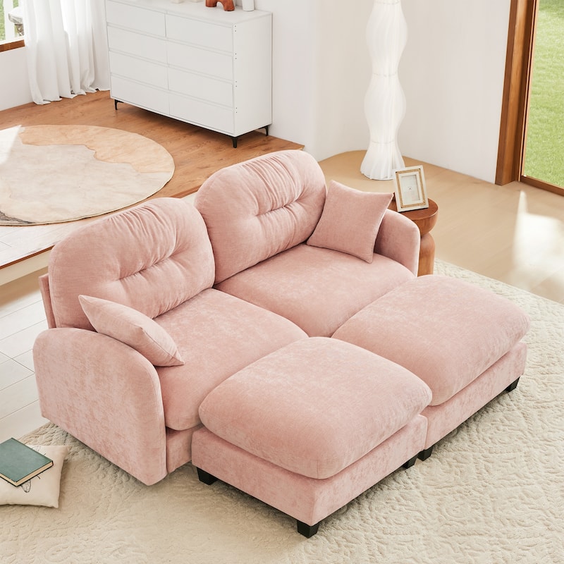 2 Seat Chenille Sofa Round Arms Sectional Sofa, Modern 74" Tufted Back Couch with Ottoman for Lving Room, Small Space - Pink-2 Ottoman