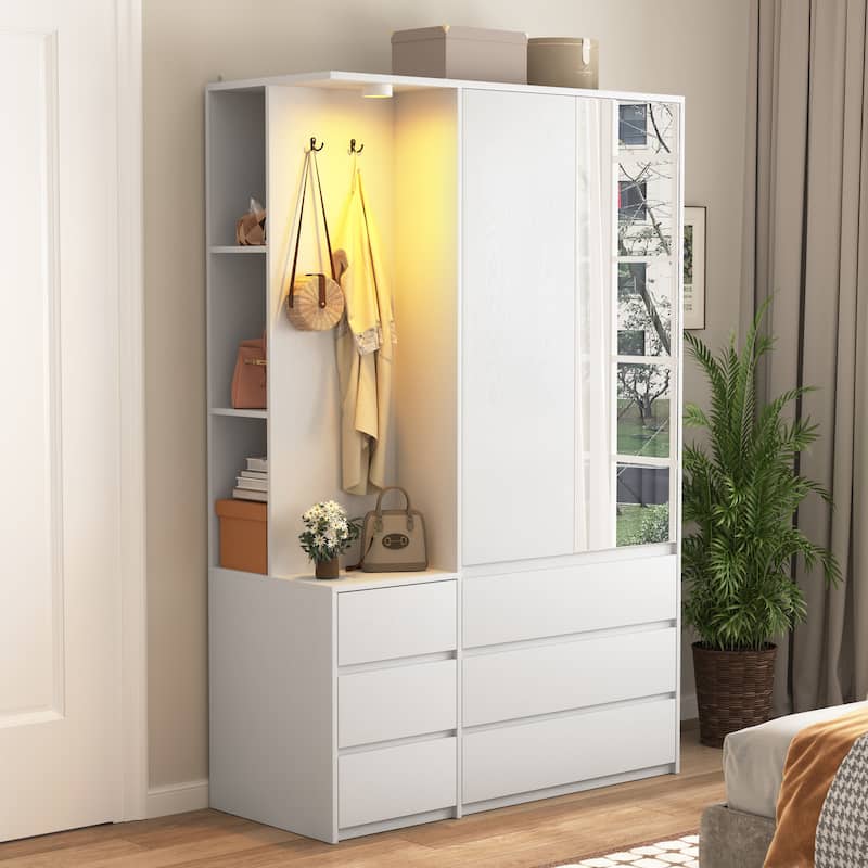 Wardrobe Armoire Closet with 2 Doors, White Clothing Storage Cabinet with 6 Drawers and Hanging Rail - White