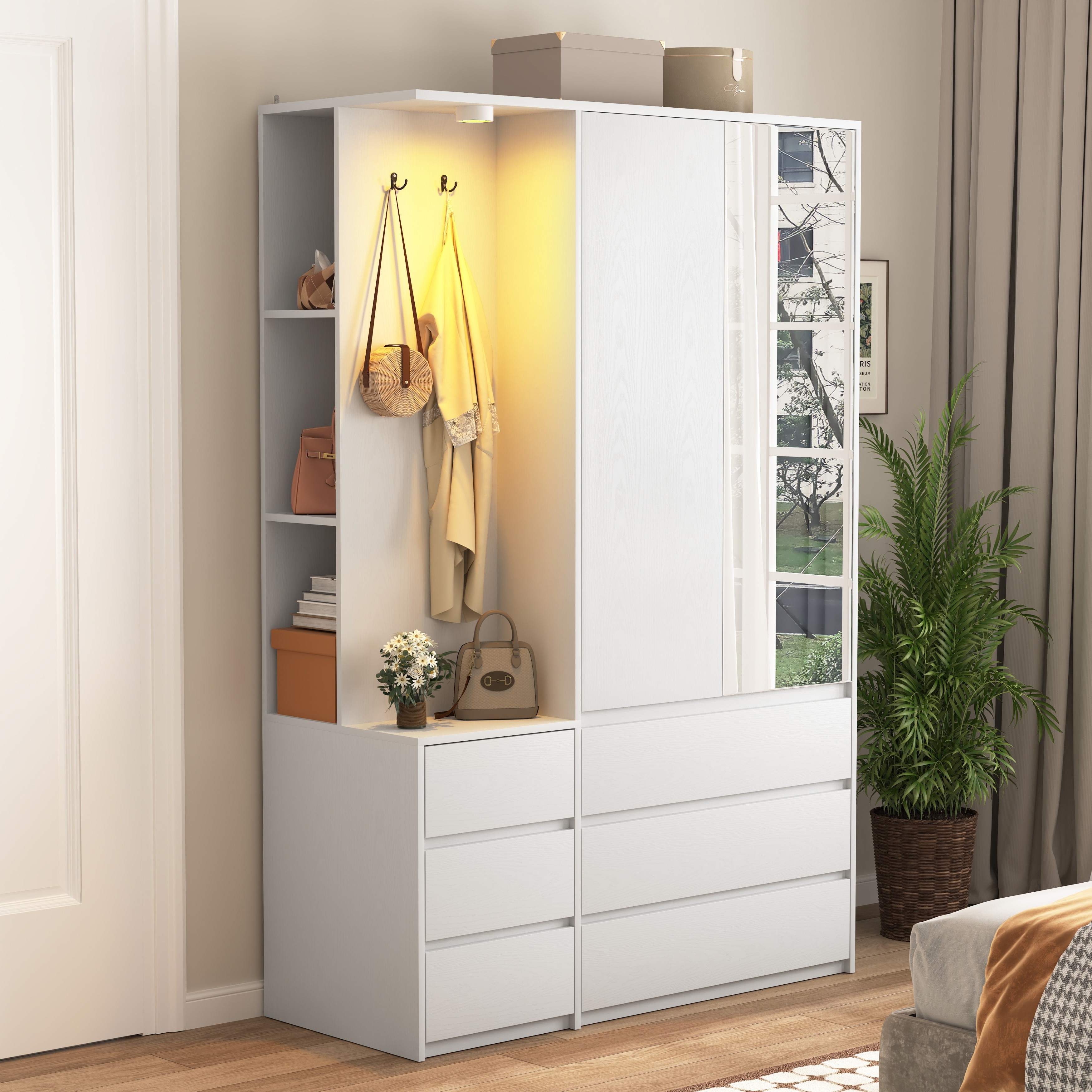 Wardrobe Armoire Closet with 2 Doors, White Clothing Storage Cabinet with 6 Drawers and Hanging Rail