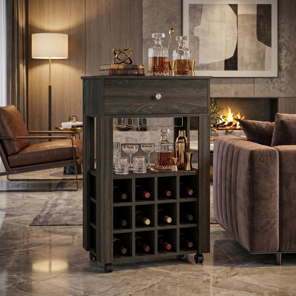 HomeRoots Espresso Rolling Bar Cart With Wine Storage - 23.62 in. x 39.37 in. x 13.98 in.