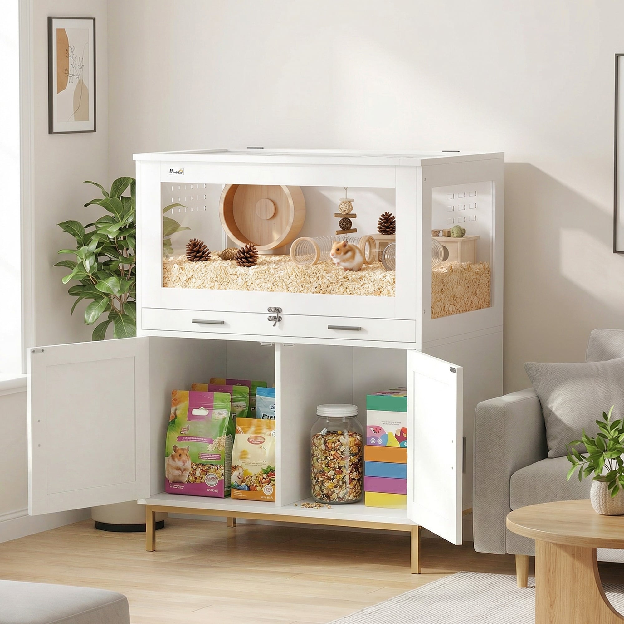 PawHut 36" H Wooden Hamster Cage Cabinet with Acrylic Panels & Drawer - medium