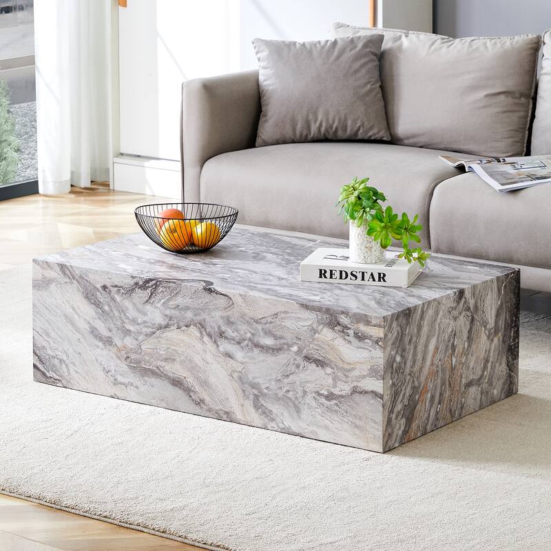 Modern Rectangular Coffee Table with Solid Base, Wooden Center Table with Imitation Marble Texture for Living Room