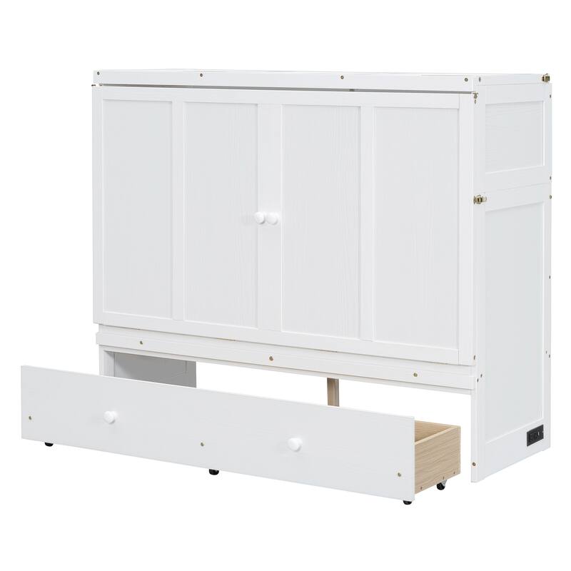 Full Size 2-in-1 Murphy Bed Cabinet with Space Saving Design with Built in USB/Power Outlets, Large Storage Drawer