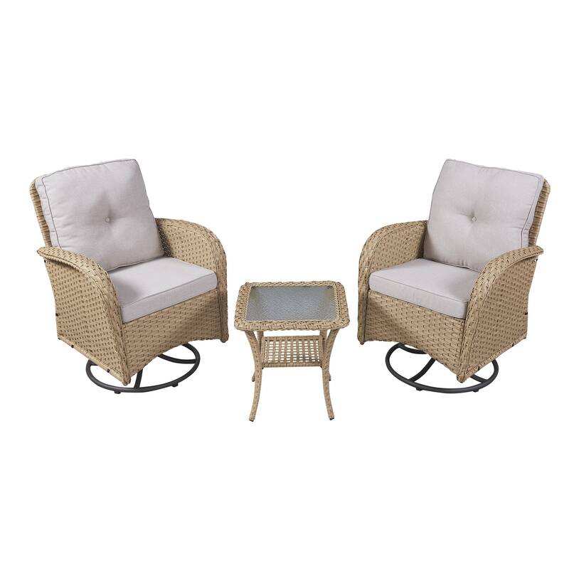 Outdoor 3-Piece Steel Wicker Swivel Chair Set