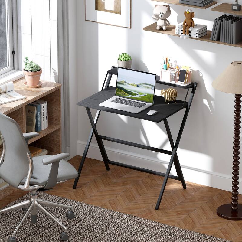 Folding Desk with Monitor Shelf Compact Space Saving Workstation Sturdy Steel Frame Easy Assembly