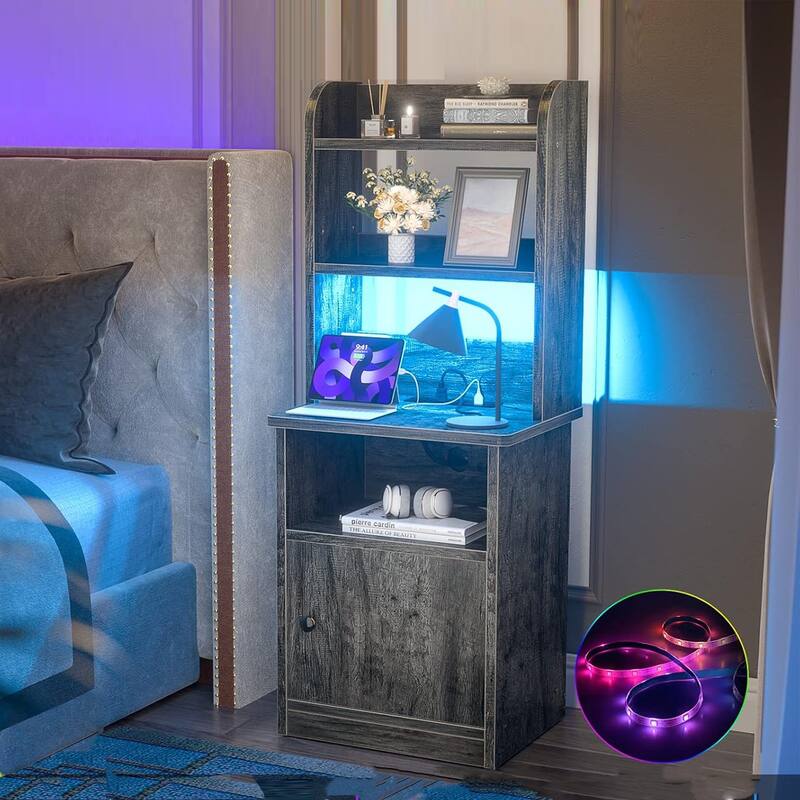 47" Nightstand with Charging Station and LED Lights,Industrial Bedside End Side Table with Adjustable Bookshelf Storage Cabinet