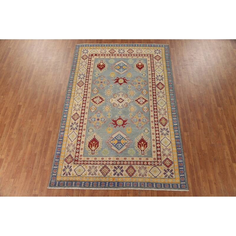 Geometric Kazak Area Rug Handmade Oriental Blue Wool Carpet - 6'7" x 9'10"