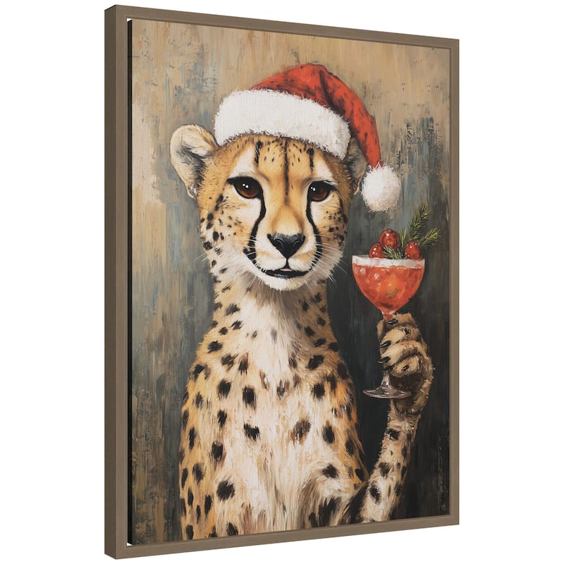 Kate and Laurel Sylvie Framed Canvas Cheetah Festive Cocktail Santa Hat by The Creative Bunch Studio - Gold