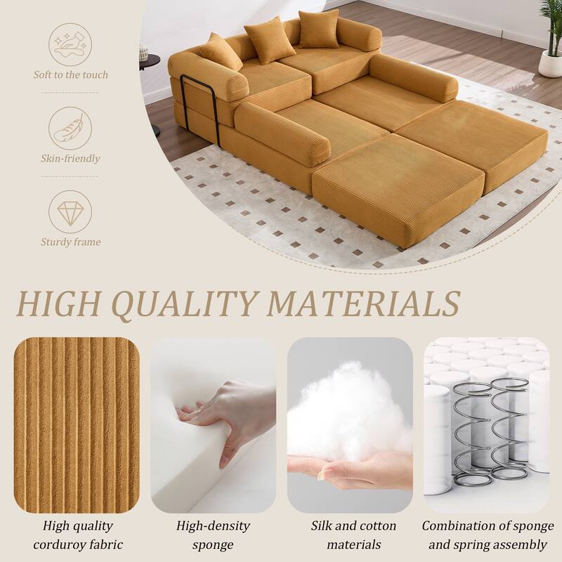 HOMEFUN Corduroy Upholstered Convertible Folding Sofa Bed with Fixed Frame and Pillow Back Handrail