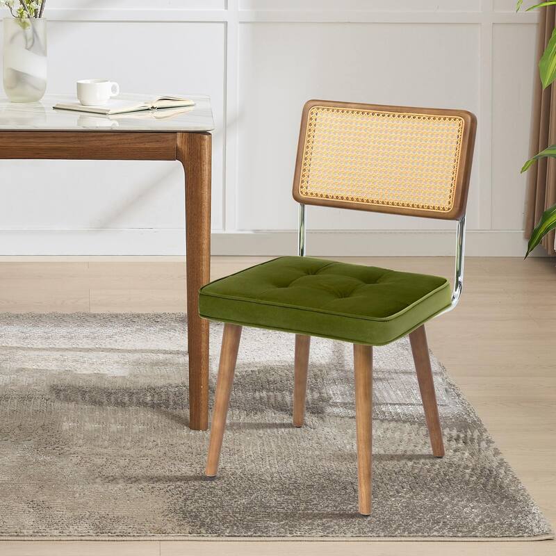 Midcentury Modern Dining Chairs of 2, PU Upholstered Kitchen Chairs with Tall Cane Backrest and Strong Wood Legs