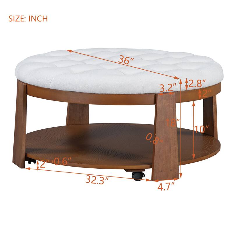 Modern Round Ottoman Coffee Table with Wood Shelf Storage Upholstered Coffee Table for Living Room Footrest Ottoman with wheel