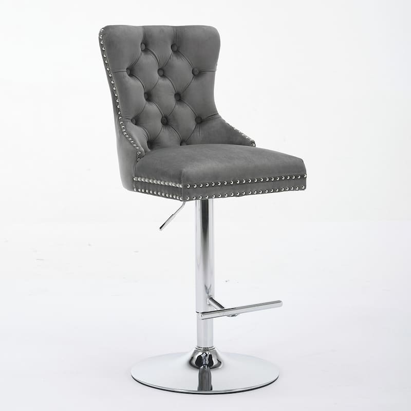 2PCS Swivel Adjustable Height Tufted Bar Stools With Silver Leg