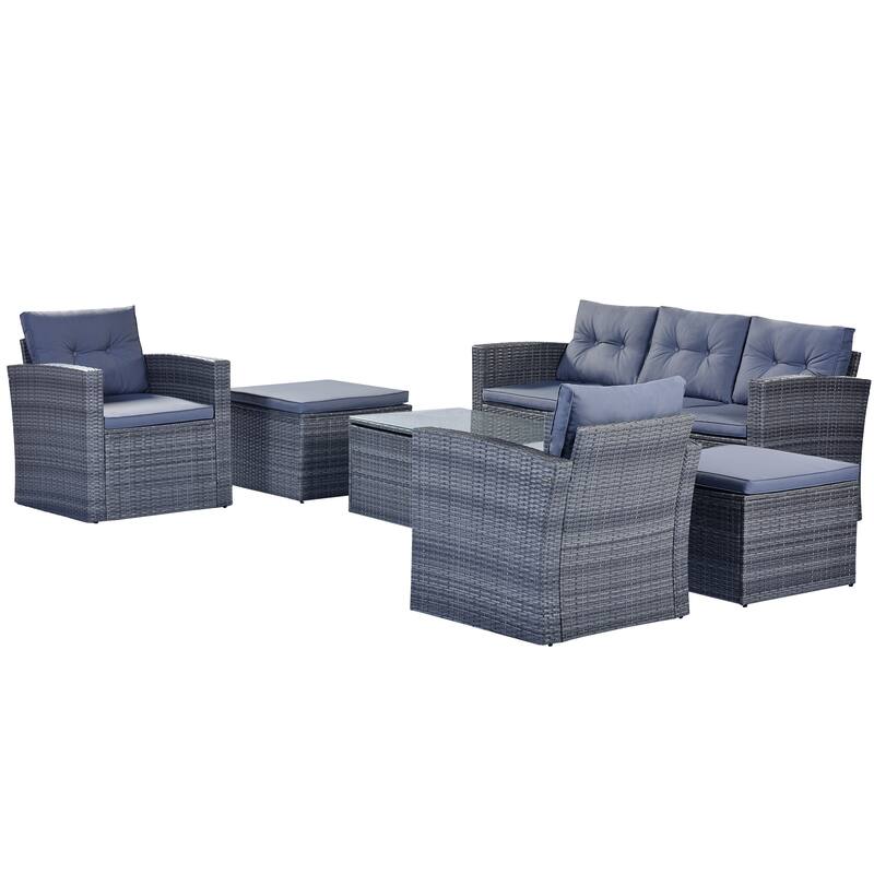 6-Pieces Outdoor Rattan Conversation Sofa Set with Coffee Table and 2 Ottoman