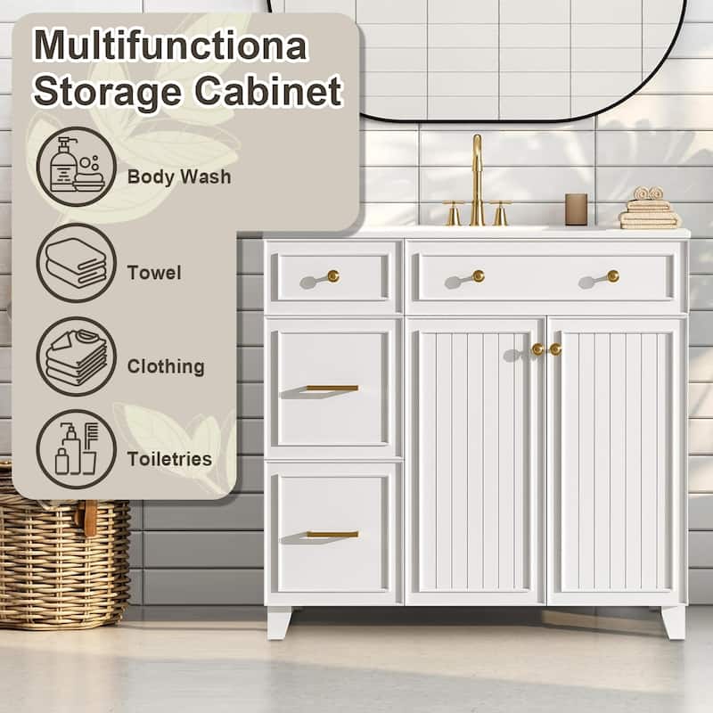 36" Bathroom Vanity with Ceramic Sink,Standard and Double-Layer Drawers