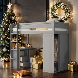 Wood Twin Loft Bed with Wardrobes and 2-Drawer Desk with Cabinet, Gray