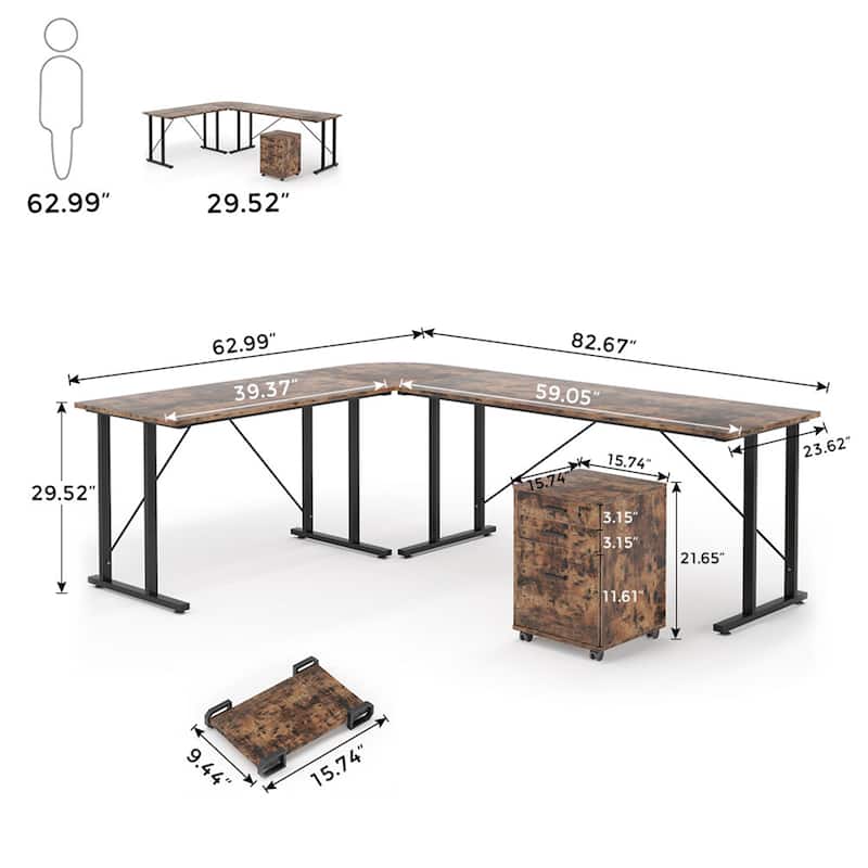 Large Executive Desk with File Cabinet, L Shaped Computer Desk Storage Cabinet