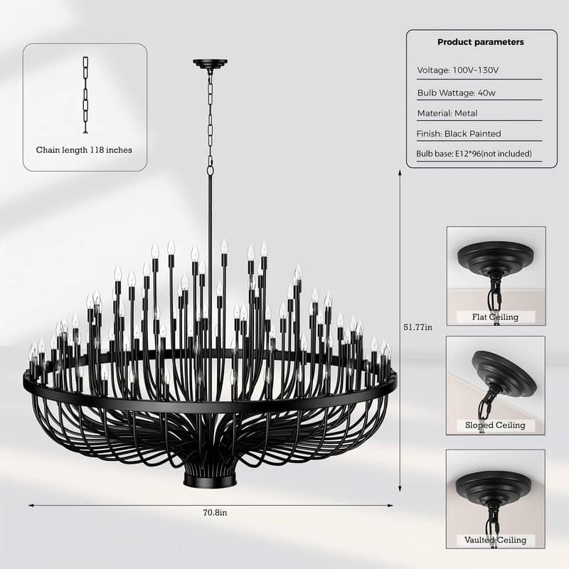 Classic Wagon Wheel Chandelier - Adjustable Rustic Ceiling Light with Matte Black Finish