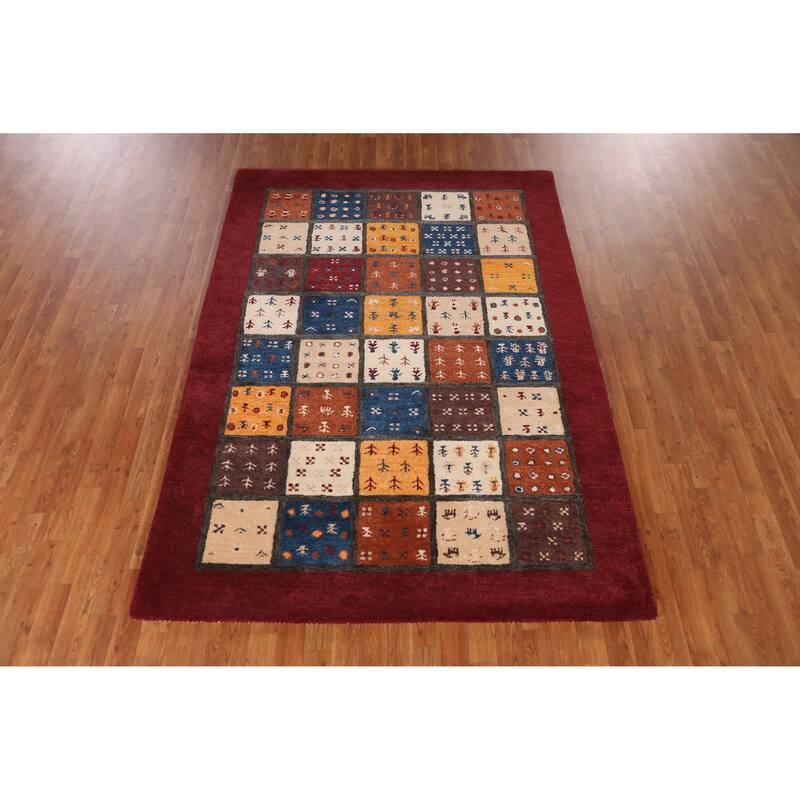 Tribal Geometric Gabbeh Indian Area Rug Red Hand-Tufted Wool Carpet - 5'3" x 7'7"