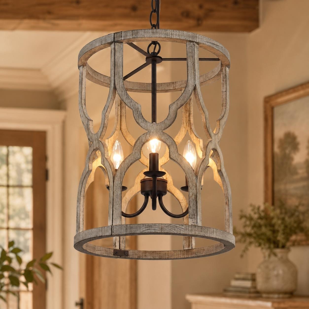 LALUZ Farmhouse 3-Light Wood Cage Lantern Chandelier Rustic Pendant for Kitchen Island Foyer
