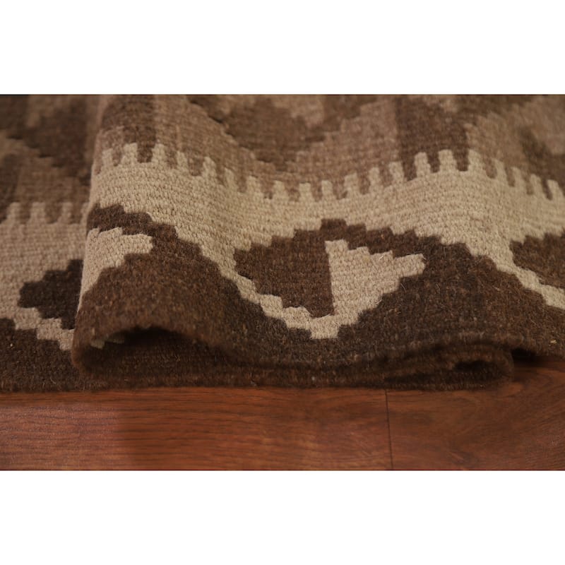Hand Woven Oriental 100% Wool Carpet Southwestern Geometric Brown Kilim Area Rug - 9' 8'' X 6' 7''