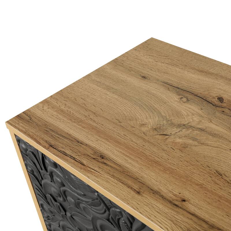 Black+Natural 62.99" Accent TV Stand Cabinet with Carved Pattern Door, Storage Shelf, and Solid Wood Leg for Living Room